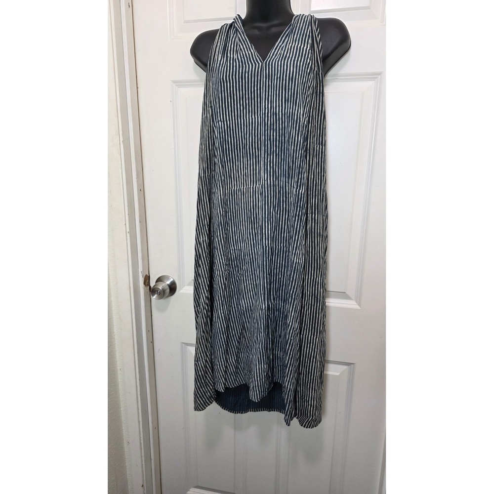 Fabindia Striped‎ Midi Dress Women Medium Blue White V-Neck Sleeveless Artisanal